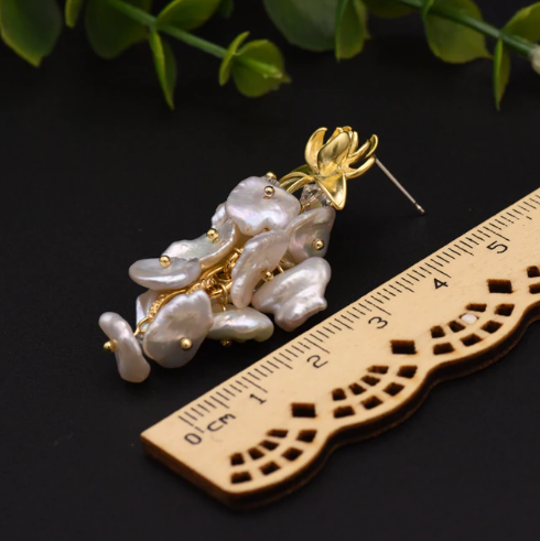 Lotus Sterling  Silver Natural Pearl Dangle Earrings - Enumu