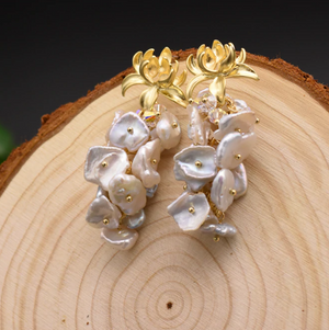 Lotus Sterling  Silver Natural Pearl Dangle Earrings - Enumu
