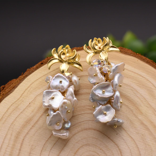 Lotus Sterling  Silver Natural Pearl Dangle Earrings - Enumu