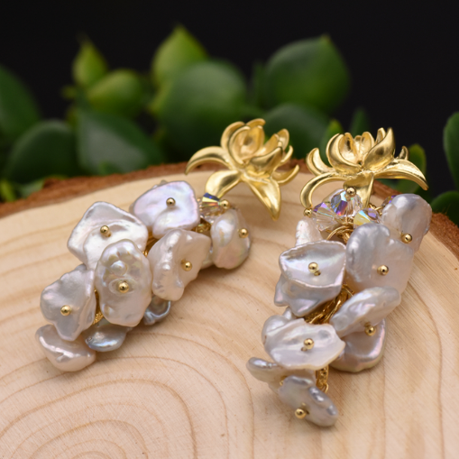 Lotus Sterling  Silver Natural Pearl Dangle Earrings - Enumu
