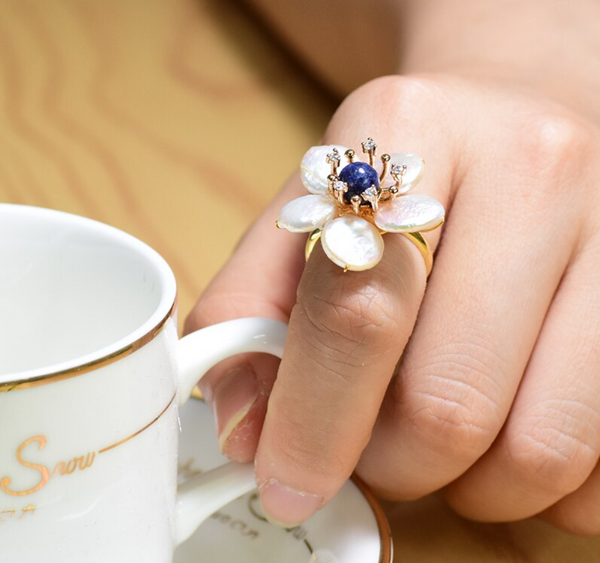 Huge Sterling Silver Natural Pearl Lapis Lazuli Adjustable Ring - Enumu