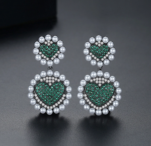 Pearl Emerald Heart Dangle Earrings - Enumu
