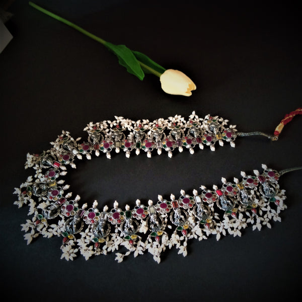 Pure Silver Oxidized Navratna Guttapusalu Long Necklace - Enumu