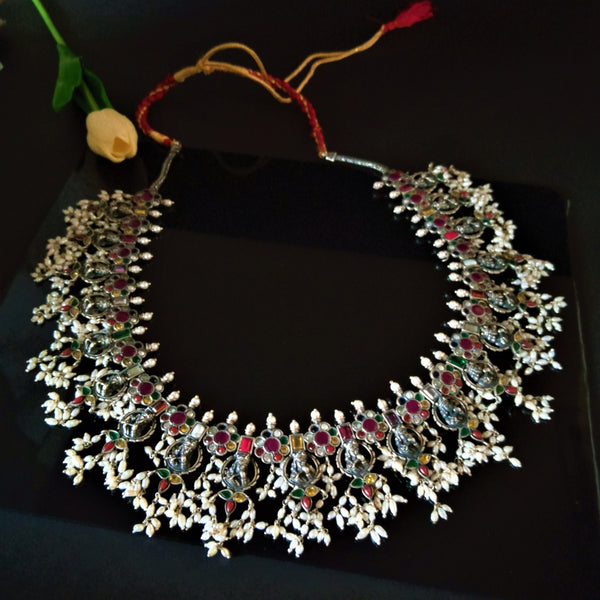 Pure Silver Oxidized Navratna Guttapusalu Long Necklace - Enumu