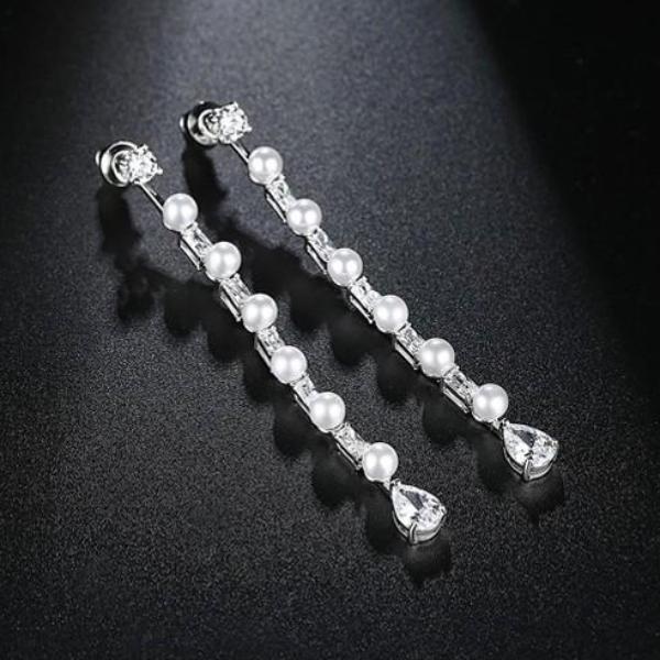 White Pearl and CZ Dangle Earrings - Enumu