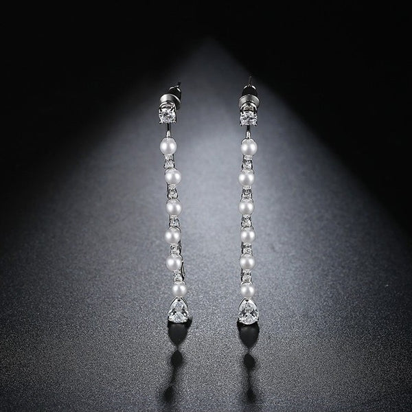 White Pearl and CZ Dangle Earrings - Enumu