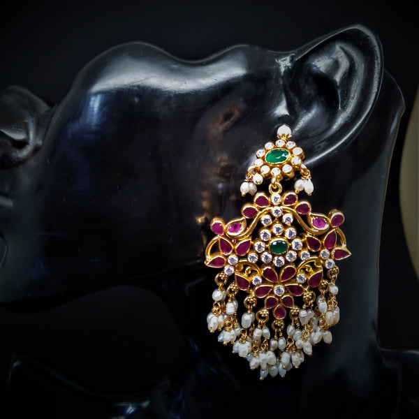 Pure Silver Ruby Emerald Pearls Guttapusalu Dangle Earrings - Enumu