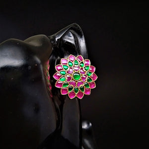 Huge Handmade Pure Silver Kundan Ruby Emerald Studs - Enumu