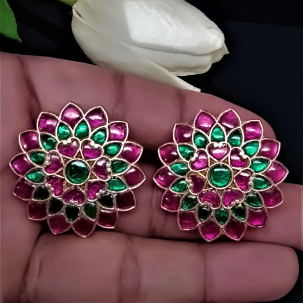 Huge Handmade Pure Silver Kundan Ruby Emerald Studs - Enumu