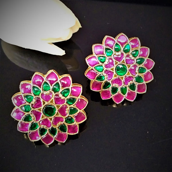 Huge Handmade Pure Silver Kundan Ruby Emerald Studs - Enumu