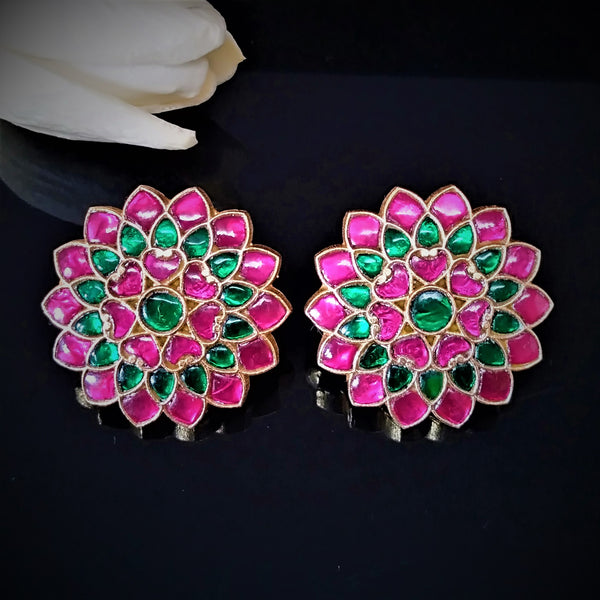 Huge Handmade Pure Silver Kundan Ruby Emerald Studs - Enumu