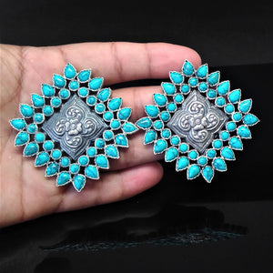 Huge Handmade Pure Silver Turquoise Studs - Enumu
