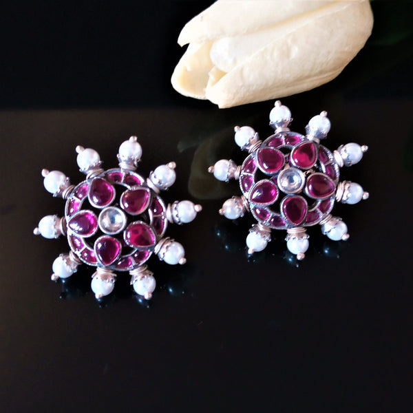 Handmade Pure Silver Oxidized Red Pearl Studs - Enumu