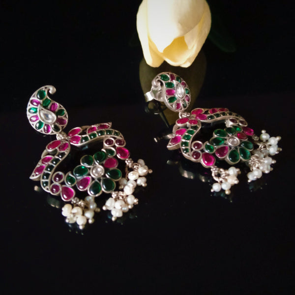 Pure Silver Oxidized Red Green Mango Dangle Earrings - Enumu