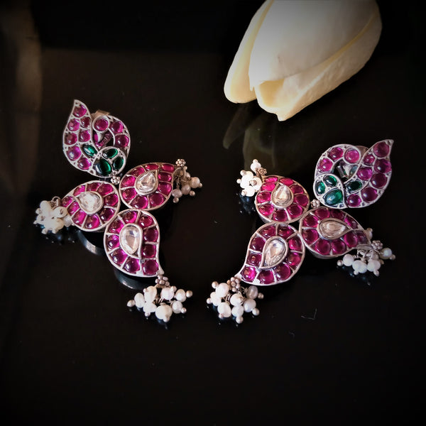 Peacock Pure Silver Oxidized Red Mango Studs - Enumu