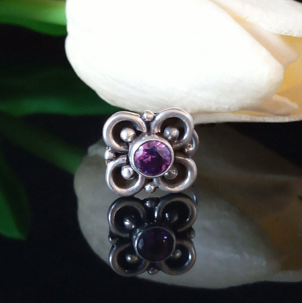 Handmade Pure Silver Amethyst Nose Pin ( Pierced ) - Enumu