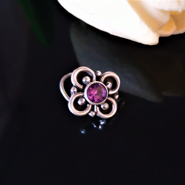 Handmade Pure Silver Amethyst Nose Pin ( Pierced ) - Enumu