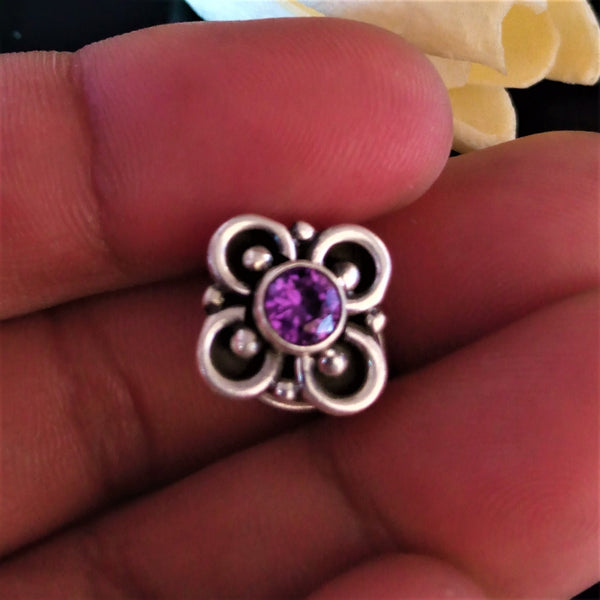 Handmade Pure Silver Amethyst Nose Pin ( Pierced ) - Enumu