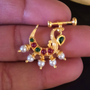 Pure Silver Peacock Emerald Pearl Press Nose Pin - Enumu