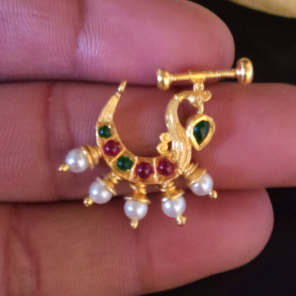 Pure Silver Peacock Emerald Pearl Press Nose Pin - Enumu