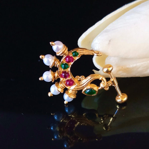 Pure Silver Peacock Ruby Pearl Press Nose Pin - Enumu