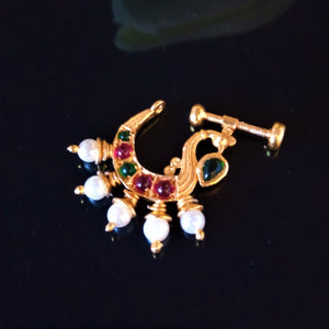 Pure Silver Peacock Ruby Pearl Press Nose Pin - Enumu