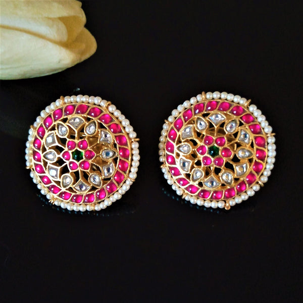 Handmade Pure Silver Flower Kundan Studs - Enumu
