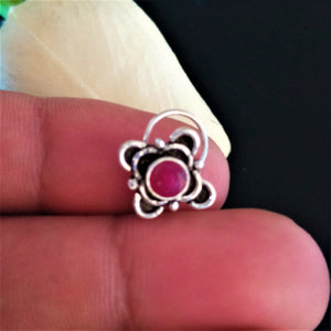 Handmade Pure Silver Ruby Nose Pin ( Pierced ) - Enumu