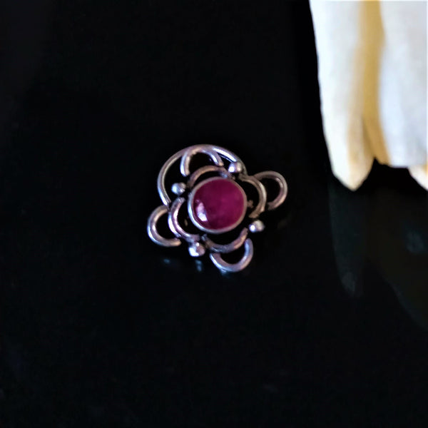 Handmade Pure Silver Ruby Nose Pin ( Pierced ) - Enumu