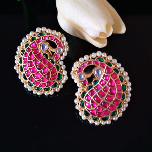 Handmade Pure Silver Mango Kundan Studs - Enumu