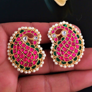 Handmade Pure Silver Mango Kundan Studs - Enumu