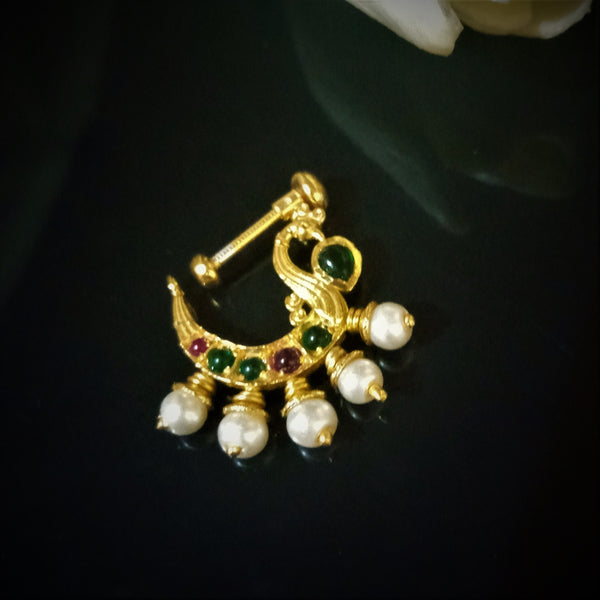 Pure Silver Peacock Emerald Pearl Press Nose Pin - Enumu