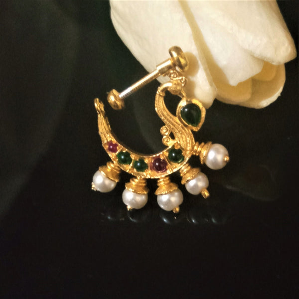 Pure Silver Peacock Emerald Pearl Press Nose Pin - Enumu