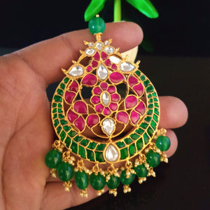 Huge Pure Silver Emerald Pearls Kundan Pendant - Enumu