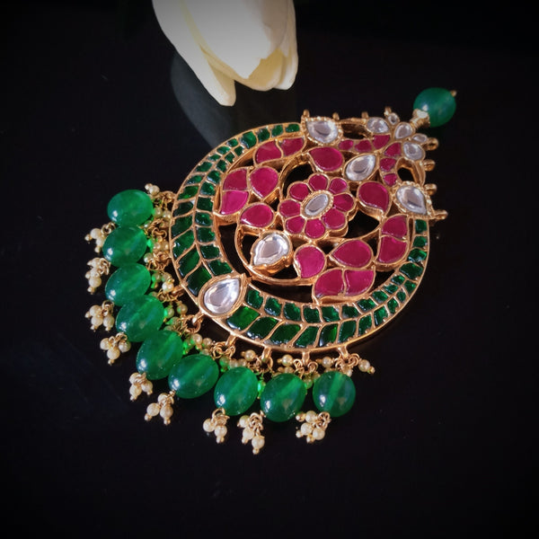 Huge Pure Silver Emerald Pearls Kundan Pendant - Enumu