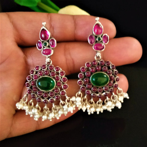 Handmade Pure Silver Oxidized Emerald Dangle Earrings - Enumu