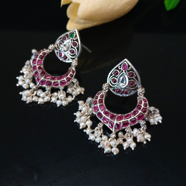 Pure Silver Oxidized Red Kundan Pearl Dangle Earrings - Enumu