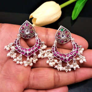 Pure Silver Oxidized Red Kundan Pearl Dangle Earrings - Enumu