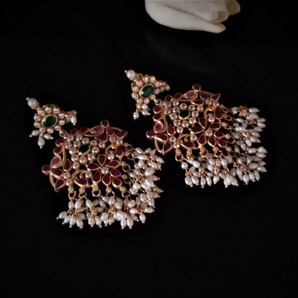 Pure Silver Ruby Emerald Pearls Guttapusalu Dangle Earrings - Enumu
