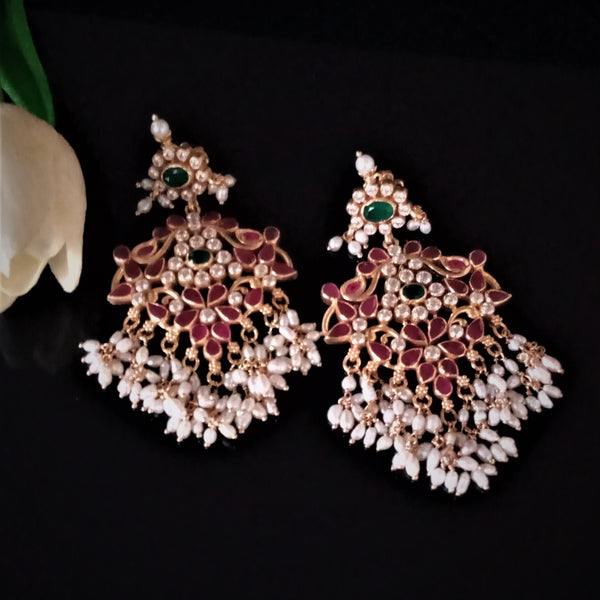 Pure Silver Ruby Emerald Pearls Guttapusalu Dangle Earrings - Enumu