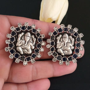 Huge Pure Silver Ganesha Blue Sapphire Studs - Enumu