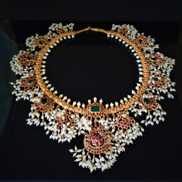 Heavy Pure Silver Emerald Guttapusalu Necklace ( 30 DAYS - MADE TO ORDER) - Enumu