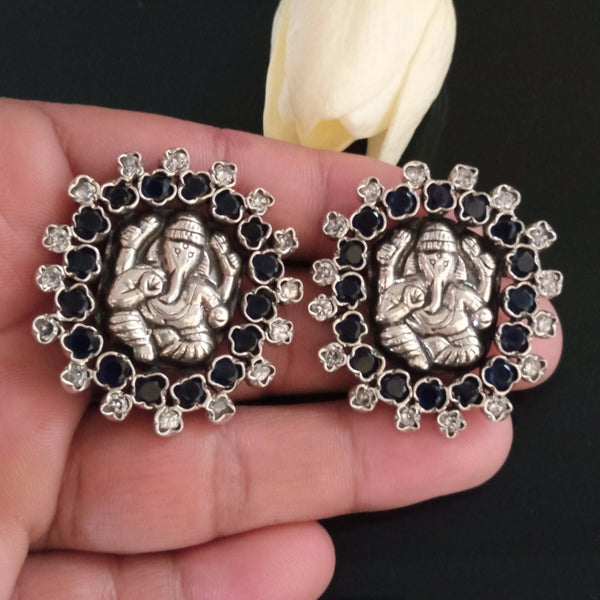 Huge Pure Silver Ganesha Blue Sapphire Studs - Enumu