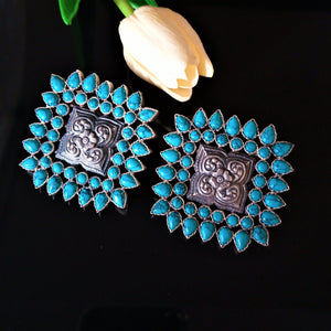 Huge Handmade Pure Silver Turquoise Studs - Enumu