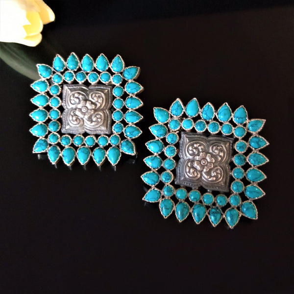 Huge Handmade Pure Silver Turquoise Studs - Enumu