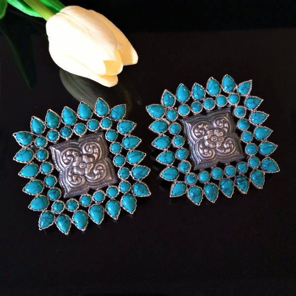 Huge Handmade Pure Silver Turquoise Studs - Enumu