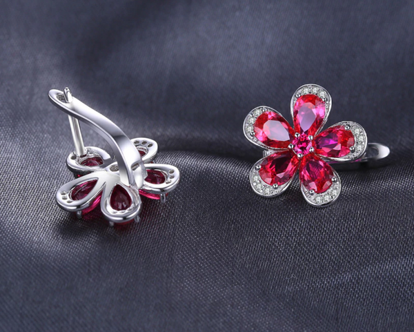 Pure 92.5 Sterling Silver 5.24 Ct Ruby Flower Studs - Enumu