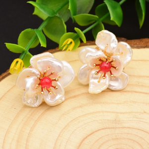 Handmade Pure 92.5 Sterling Silver Pearl Flower Studs - Enumu
