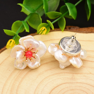 Handmade Pure 92.5 Sterling Silver Pearl Flower Studs - Enumu