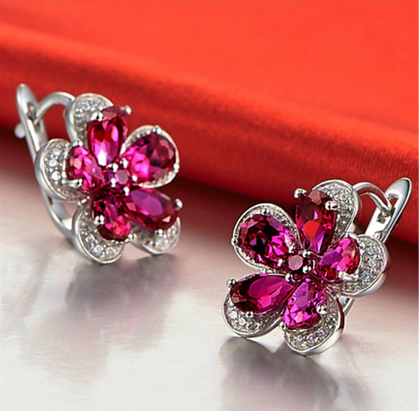 Pure 92.5 Sterling Silver 5.24 Ct Ruby Flower Studs - Enumu